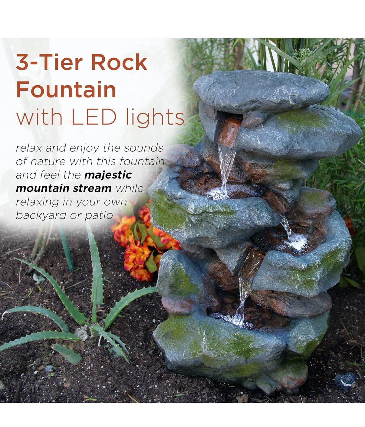 Alpine 3-Tier Rock Waterfall Fountain