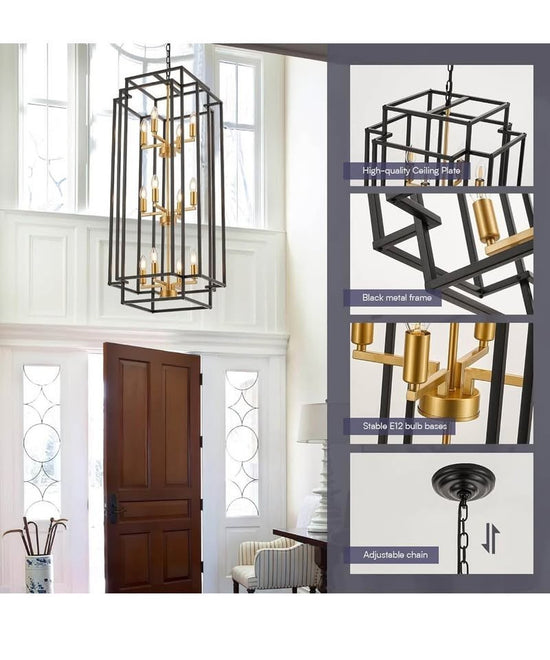 12-Light Lantern Chandelier Black Metal Farmhouse Tiered Pendant Foyer Light