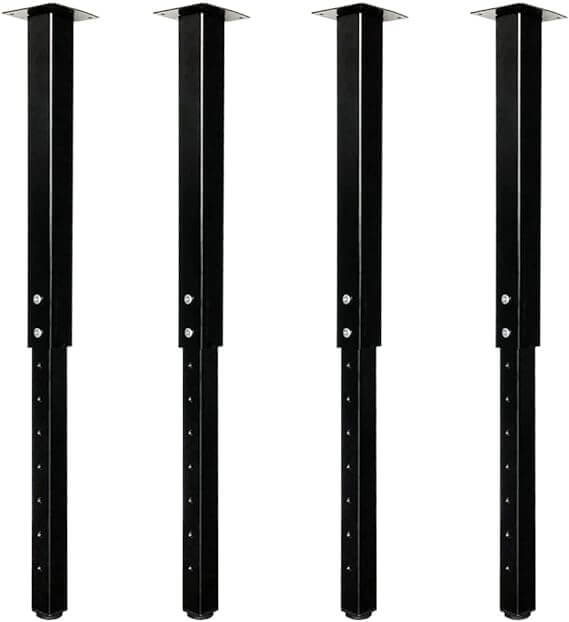 Set of four adjustable square table legs in sleek black metal, perfect for DIY projects and home offices.