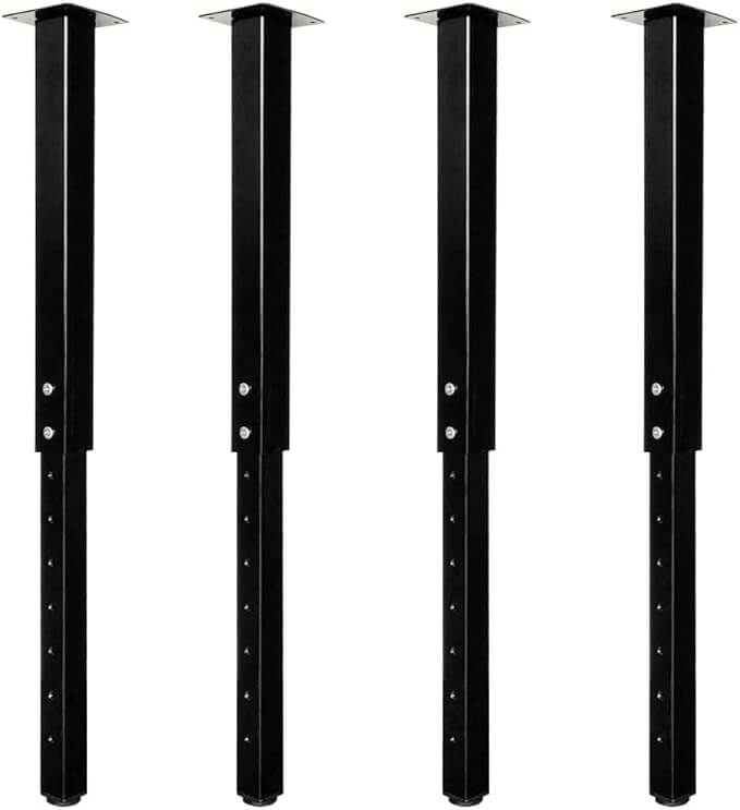 Set of four adjustable square table legs in black metal, designed for DIY projects and home office use.