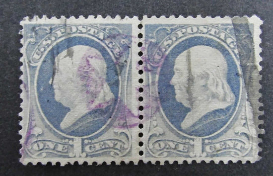 1870 1¢ Franklin Dark Ultramarine Block of 2 H-Grill 