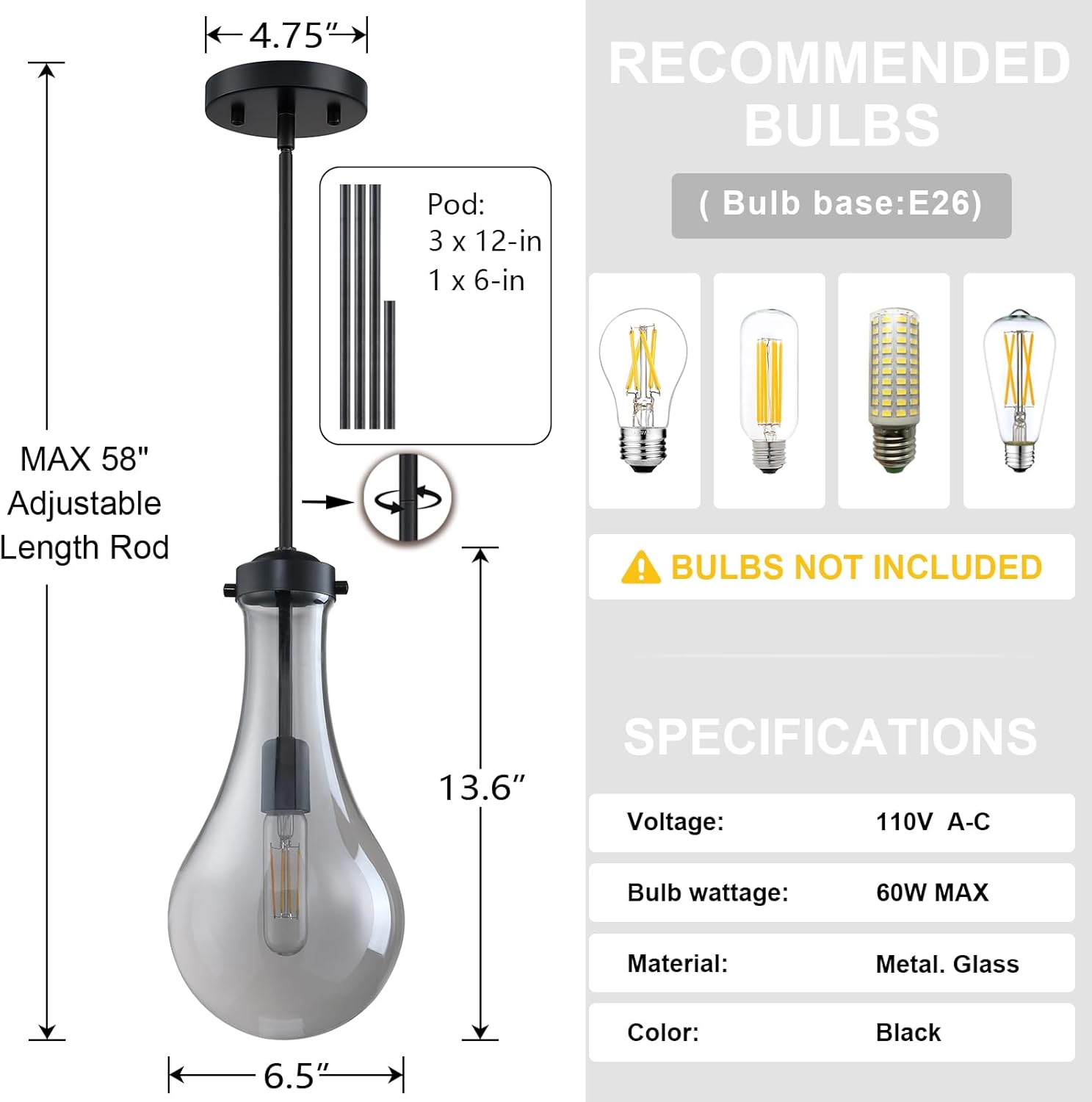 Modern Farmhouse Black Pendant Lights with Grey Glass Shade (2-Pack)