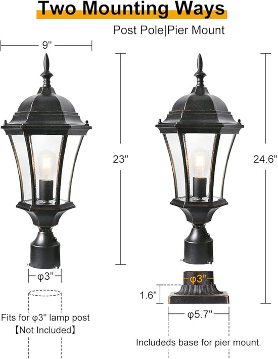 GOALPLUS Dusk to Dawn Post Light, 24" High Outdoor Lamp Post Light Fixture with Pier Mount for Porch, Large Exterior Waterproof Post Lantern with Seeded Glass, 2 Pack, LMMS4610-M-2P