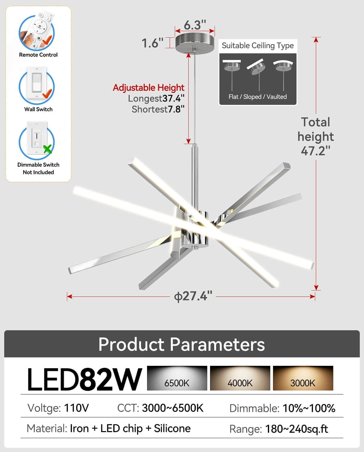 Modern Sputnik 82W LED Black Chandelier