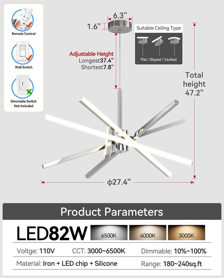 Modern Sputnik 82W LED Black Chandelier