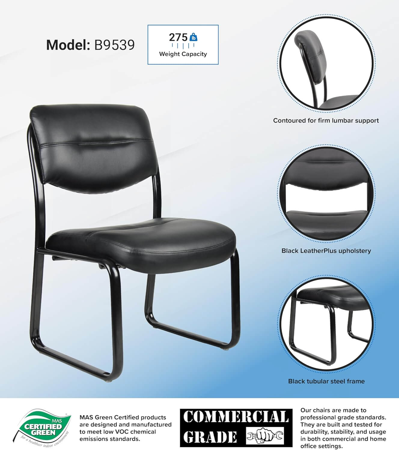 Leather Sled Base Office Chair in Black