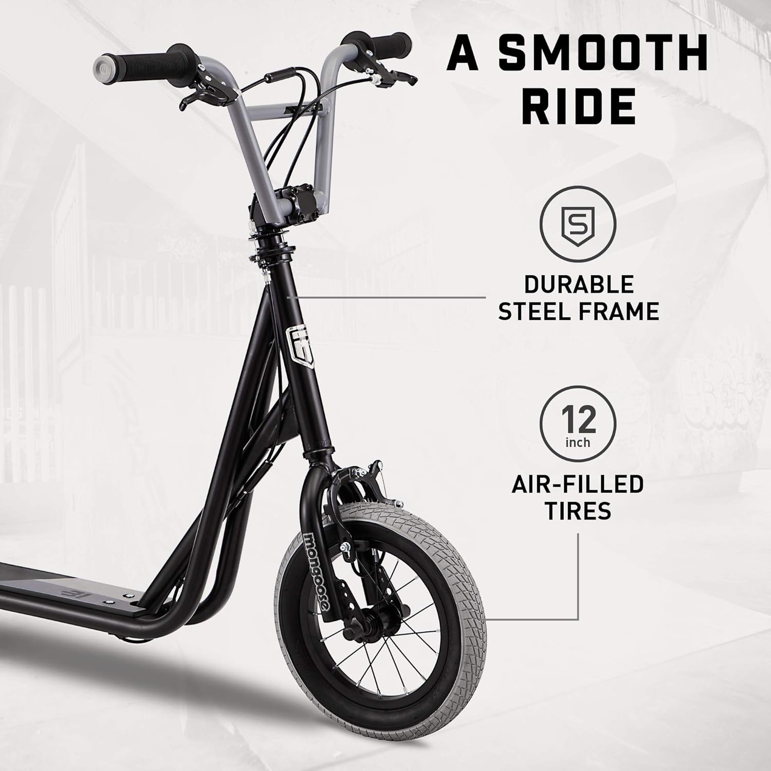 Mongoose Trace Air Scooter: 12-inch Air Tires for Smooth Ride & Fun