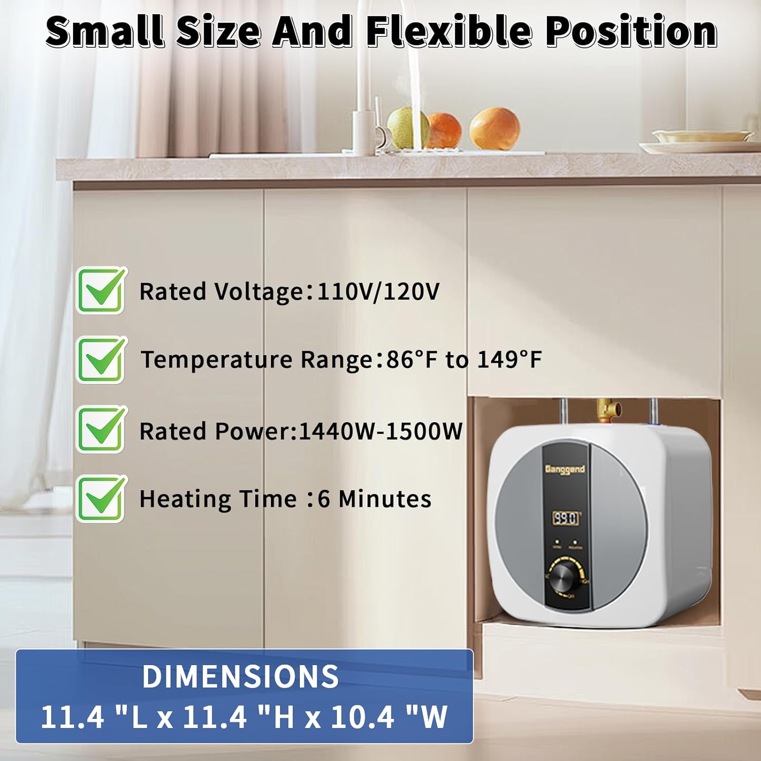 Compact 2.5 Gallon Electric Water Heater: 1500W Under-Sink Hot Water Solution