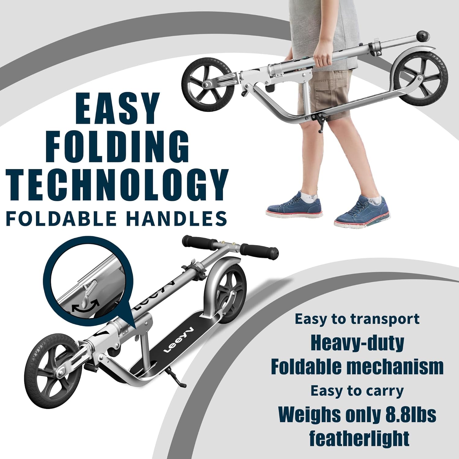 LEEYV Adjustable Height Foldable Kick Scooter for Kids and Adults with Big Wheels