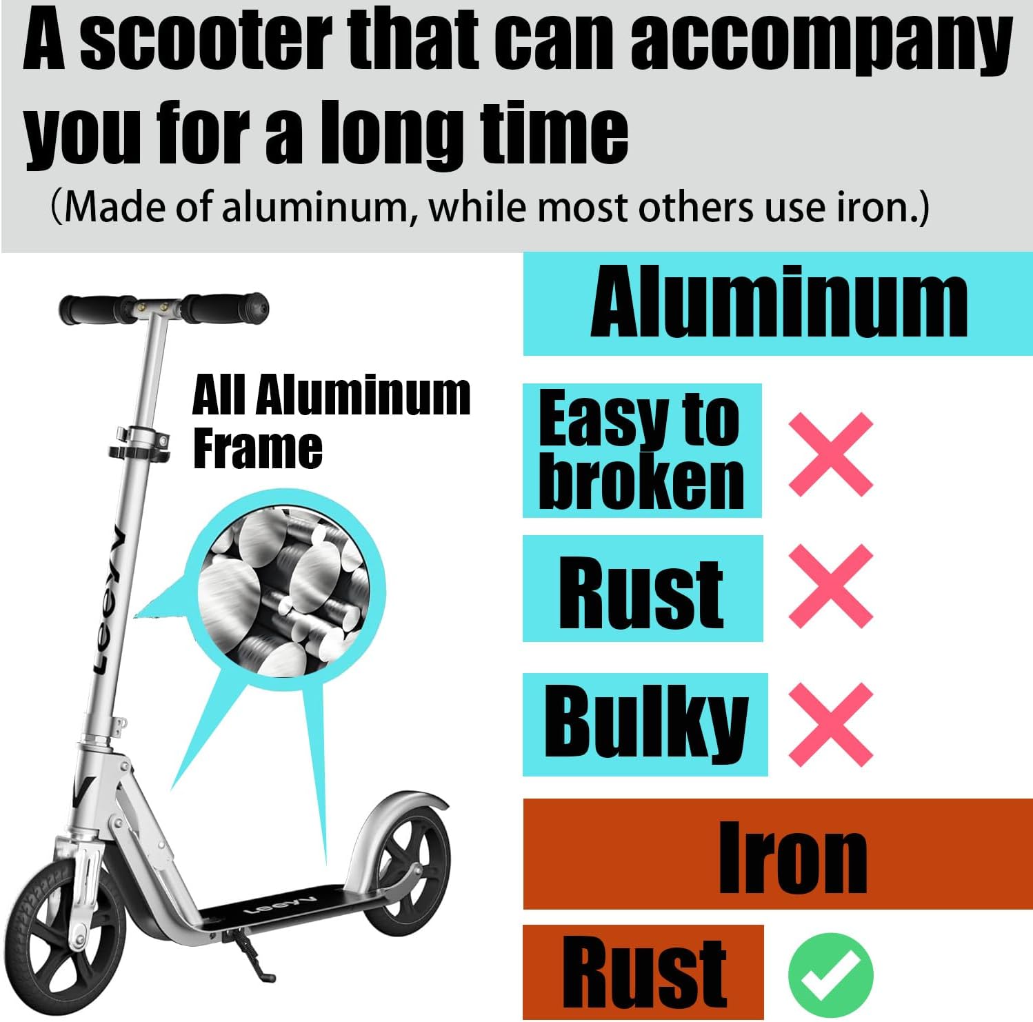 LEEYV Adjustable Height Foldable Kick Scooter for Kids and Adults with Big Wheels