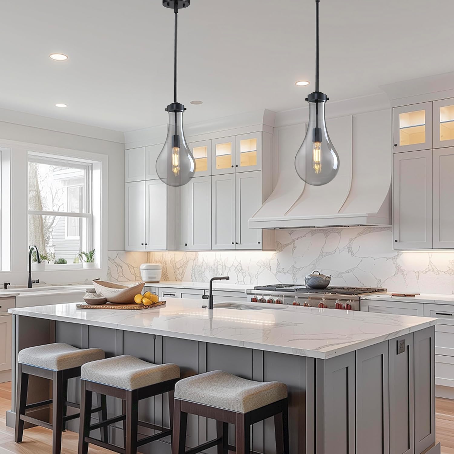 Modern Farmhouse Black Pendant Lights with Grey Glass Shade (2-Pack)