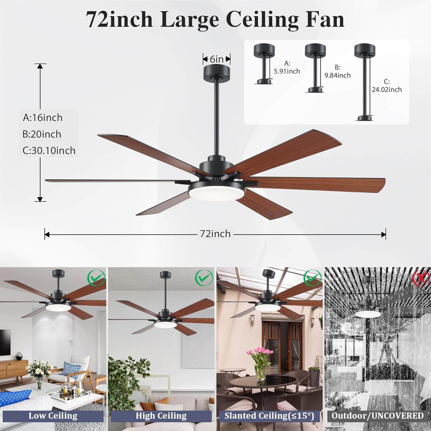 72 Inch Ceiling Fan with Lights and Remote Control