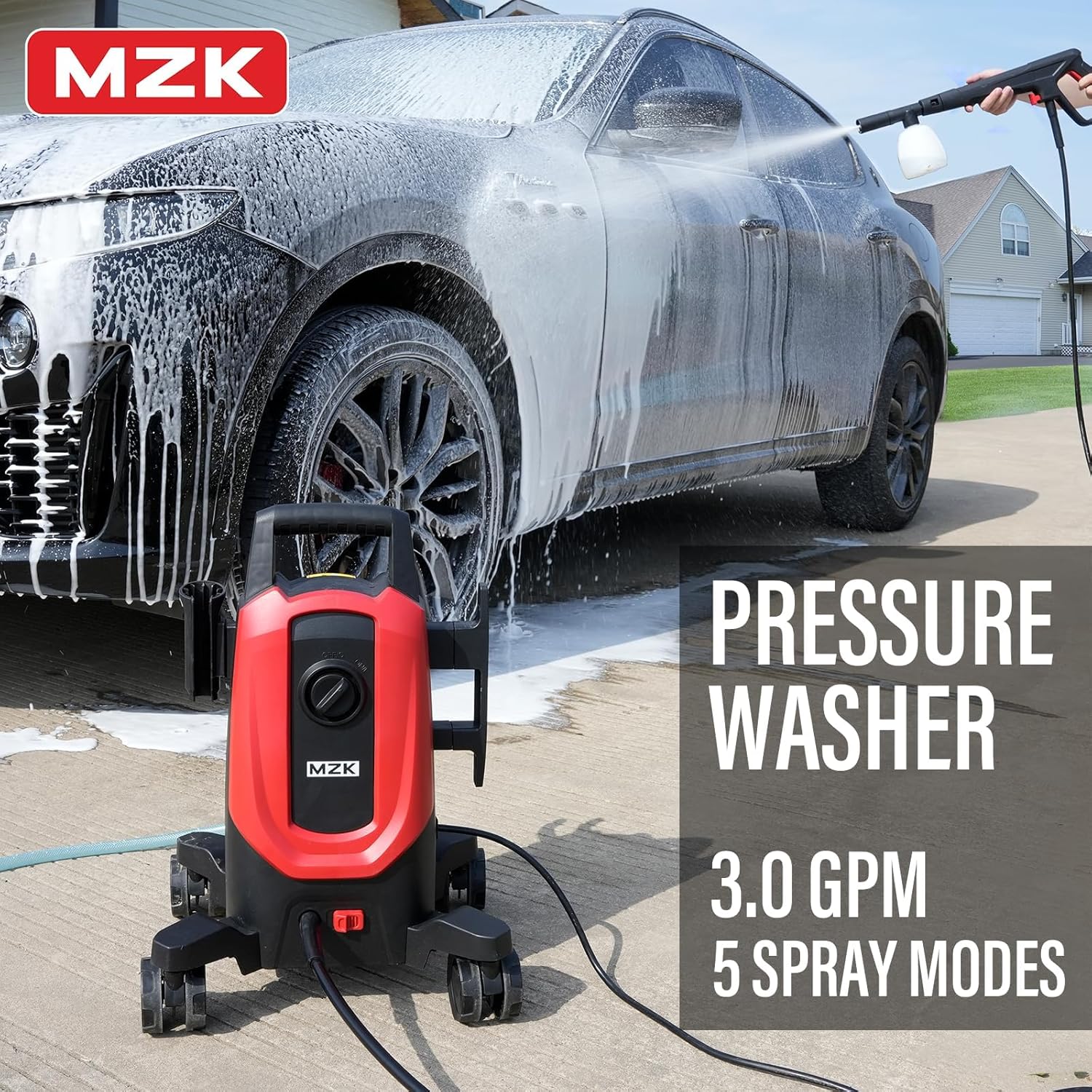 MZK Electric Pressure Washer: 4500 PSI, 3.0 GPM, Anti-Tipping, Foam Cannon