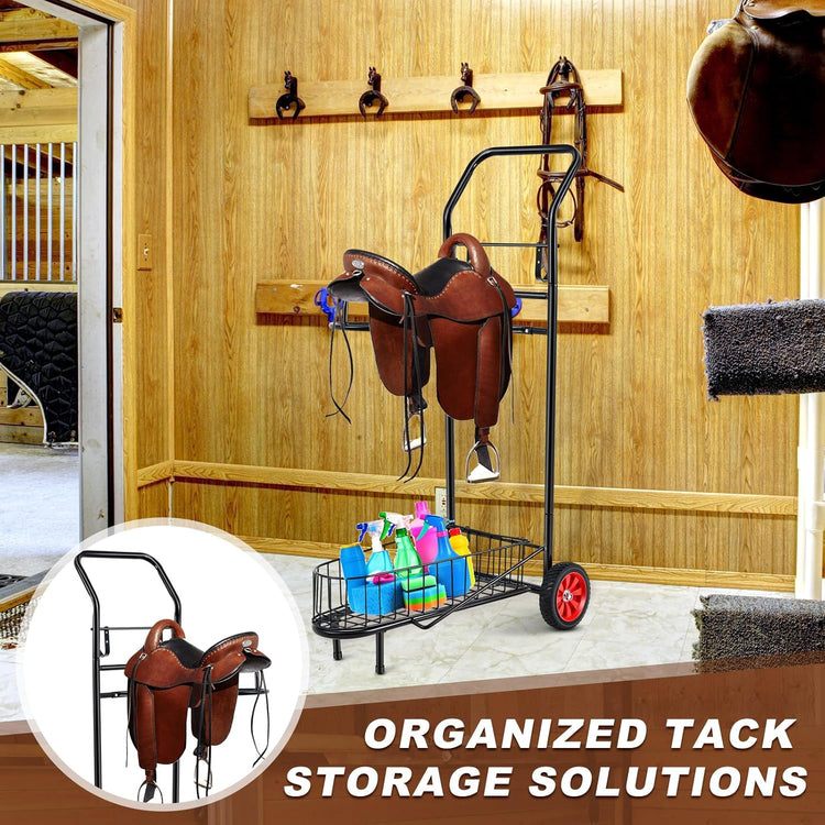 Heavy Duty Rolling Saddle Rack Horse Tack Cart with Wheels for Stable Organization