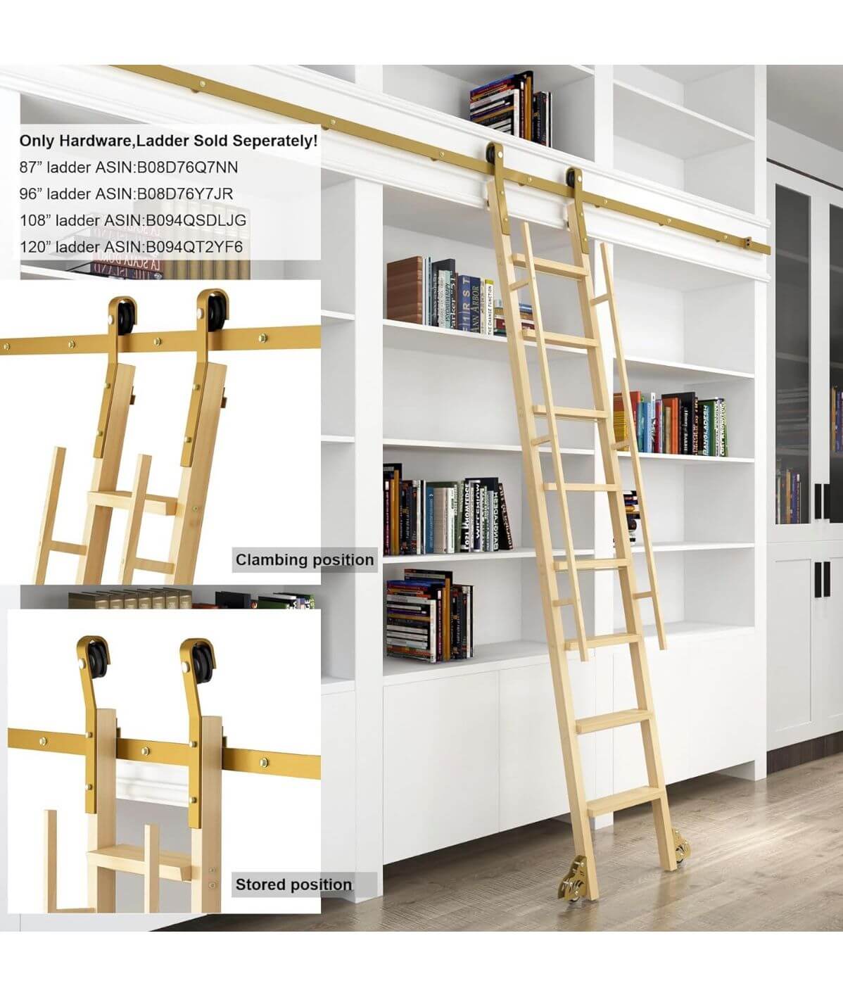 5FT Wooden Ladder Roller Kit Gold
