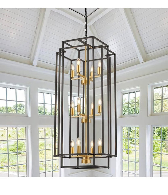12-Light Lantern Chandelier Black Metal Farmhouse Tiered Pendant Foyer Light