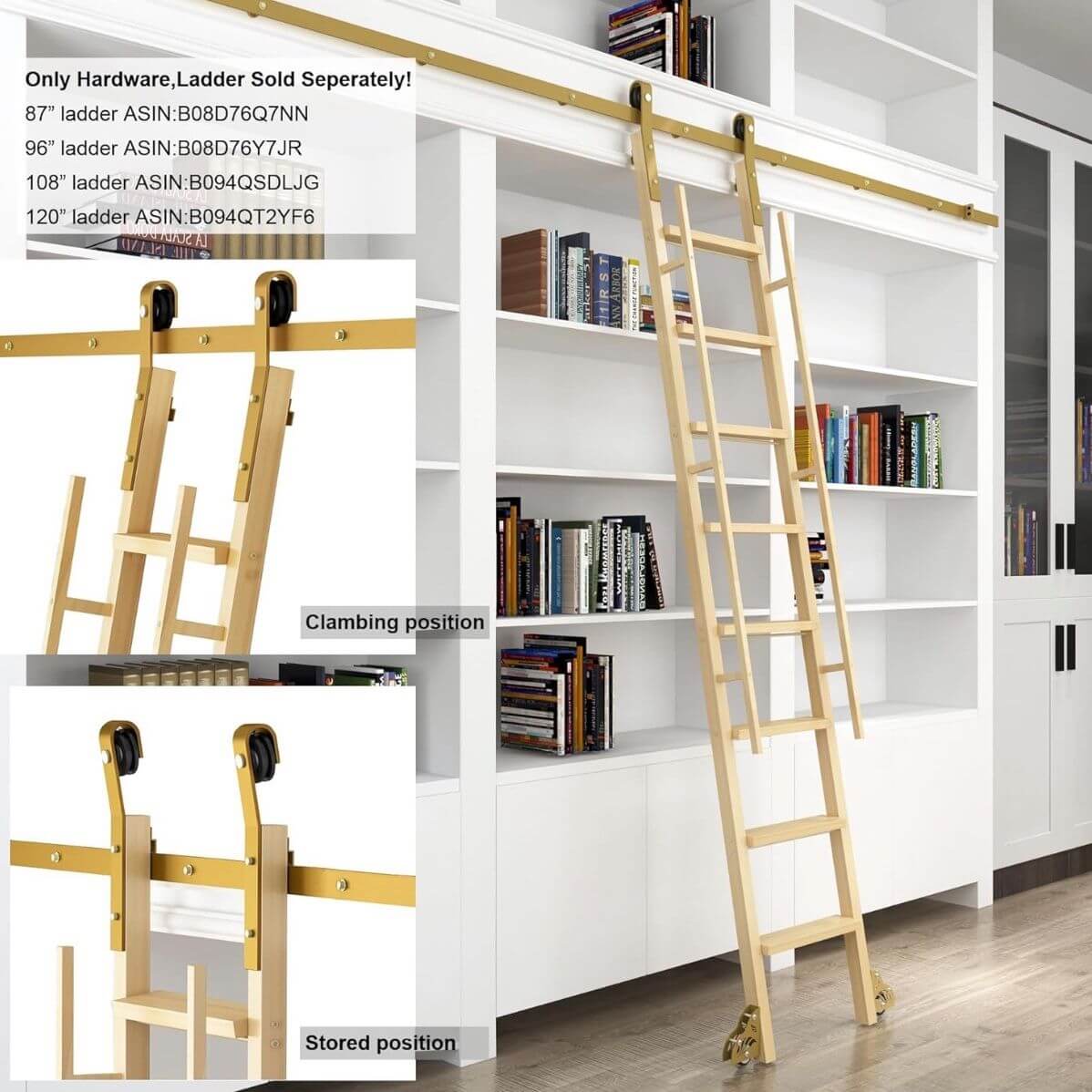 5FT Wooden Ladder Roller Kit Gold