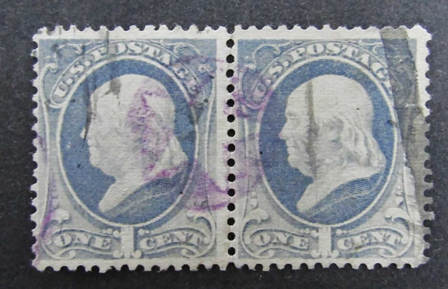 1870 1c Benjamin Franklin Block of 2 H-Grill Dark Ultramarine # 134 Used Never Hinged