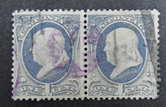 1870 1c Benjamin Franklin Block of 2 H-Grill Dark Ultramarine 