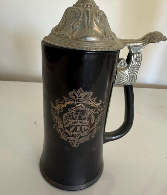 German Style Black Stein Mug with Silver Flip Top VIP Logo