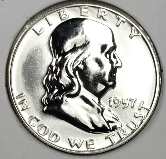 1957 Franklin 90% Silver Dollar Half Uncirculated Proof Cameo Appearance Coin Minted in Philadelphia