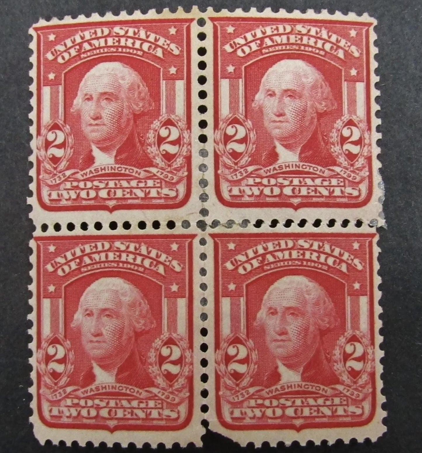 Block of 4 US Stamp # 319 Commemorative Series of 1902 George Washington Red 2 Cents Mint Original Gum Hinged Catalog Value 150