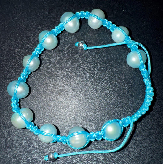 Genuine Freshwater Pearl Bracelets Woven Stretch Bead for Women Aqua Blue