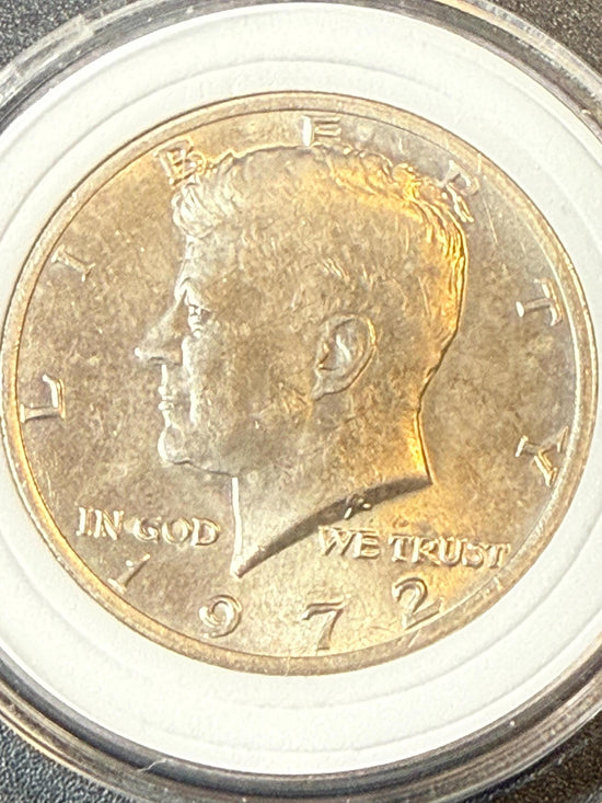 JFK Kennedy 1972 Half Dollar (No Mint Mark) AU Condition US Coin Enclosed in Hard Plastic