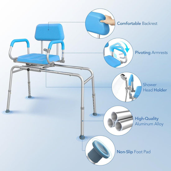 Swivel Sliding Shower Chair Swivel Seat, Tub Transfer Bench for ElderlymBath Stool with Pivoting Arms, Adjustable Height, 330 lbs