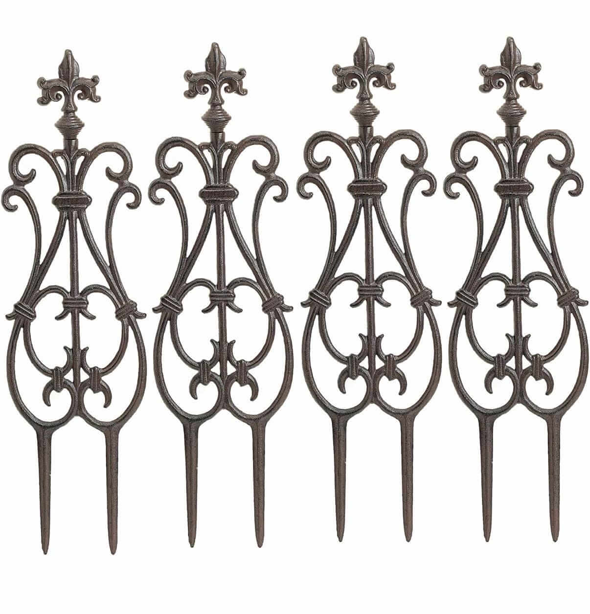 Decorative Cast Iron Flower Bed Fence, 28" Tall Vintage Garden Edging Border, 4 Pack Heavy Duty Landscape Picket Fence Panels