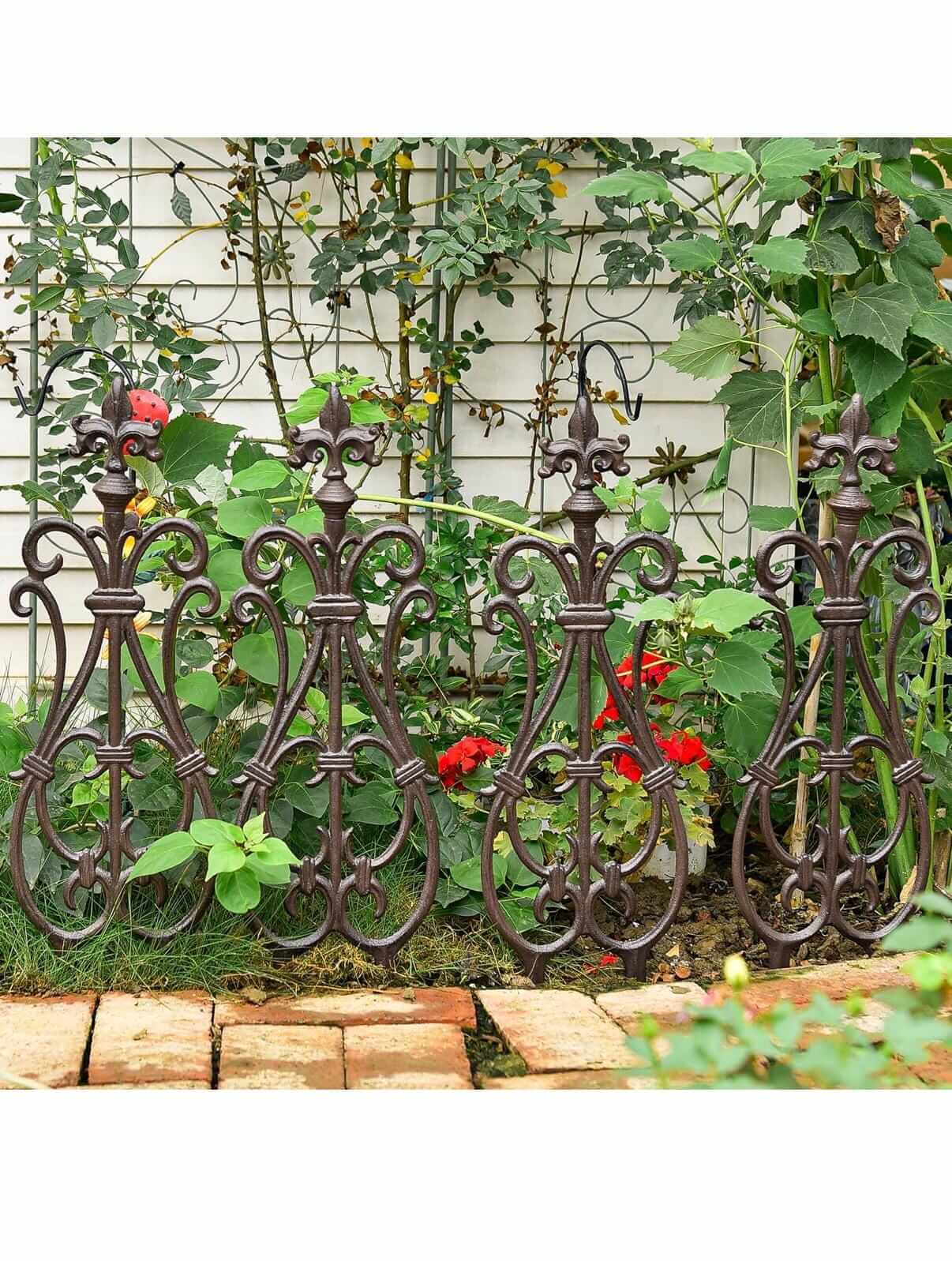 Decorative Cast Iron Flower Bed Fence, 28" Tall Vintage Garden Edging Border, 4 Pack Heavy Duty Landscape Picket Fence Panels