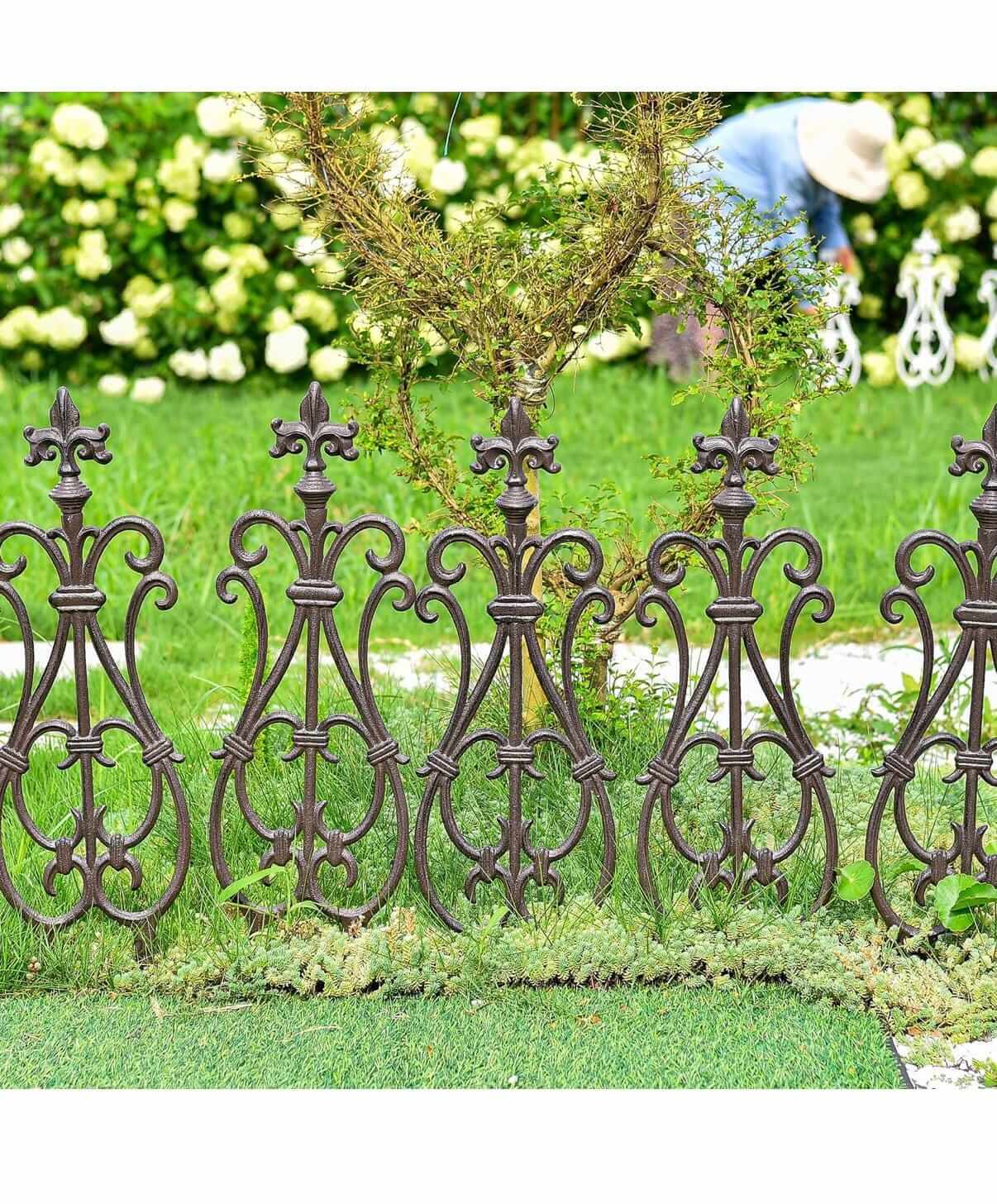 Decorative Cast Iron Flower Bed Fence, 28" Tall Vintage Garden Edging Border, 4 Pack Heavy Duty Landscape Picket Fence Panels