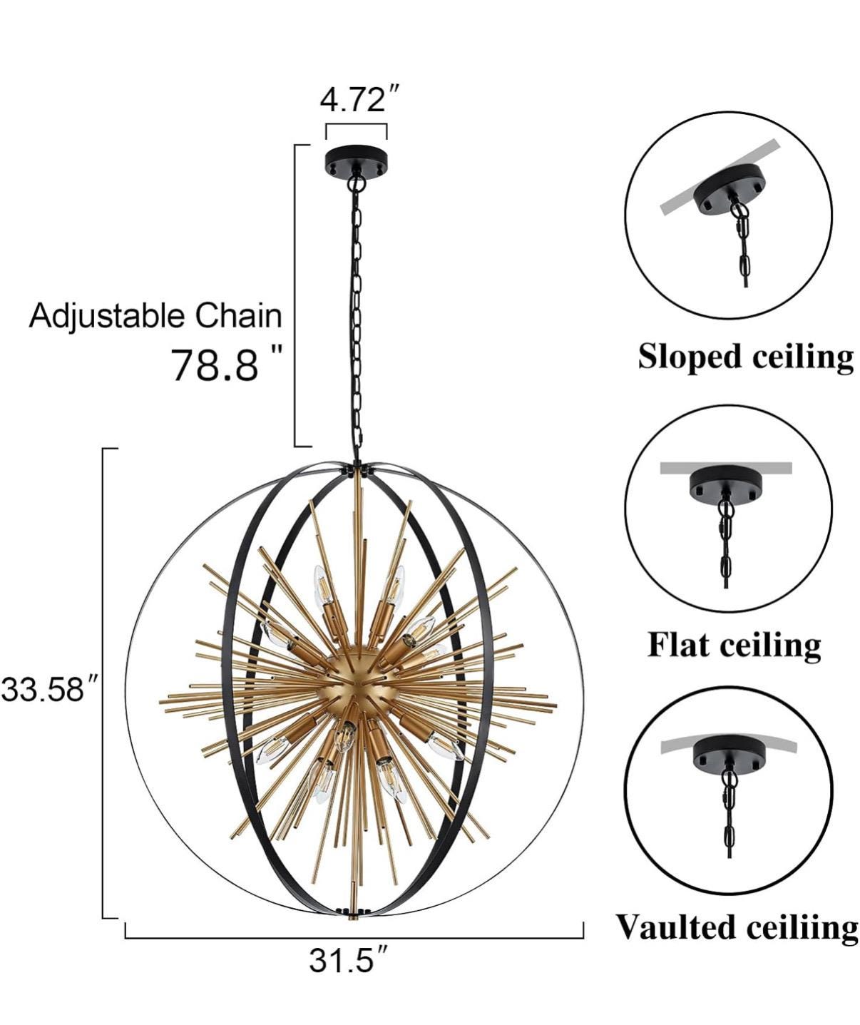Black & Gold 16-Light Globe Sputnik Chandelier Modern Industrial Adjustable Hanging Ceiling Firework Pendant Light Fixture 31.5”