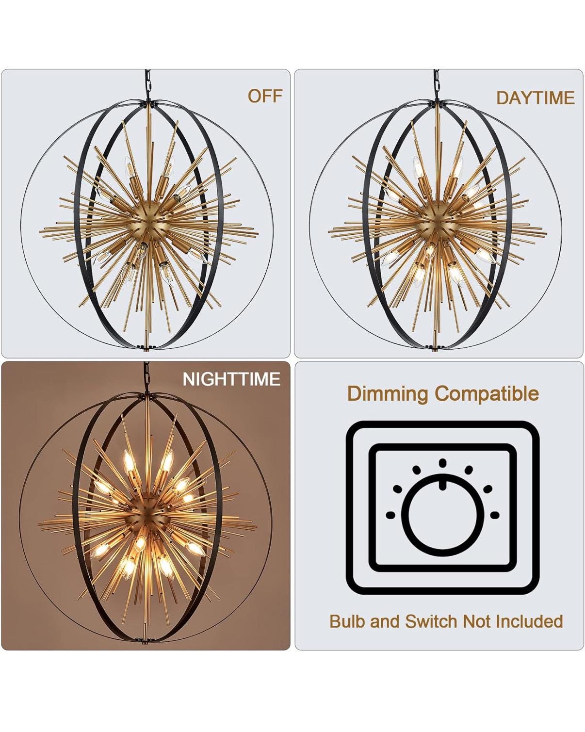 Black & Gold 16-Light Globe Sputnik Chandelier Modern Industrial Adjustable Hanging Ceiling Firework Pendant Light Fixture 31.5”