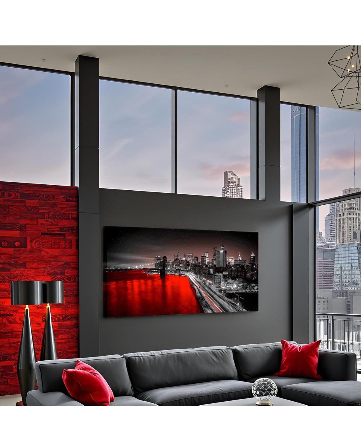 SLarge New York City Wall Art Brooklyn Bridge Night View Picture Canvas Print Black and Red City Poster Painting Modern Home 24”x48”