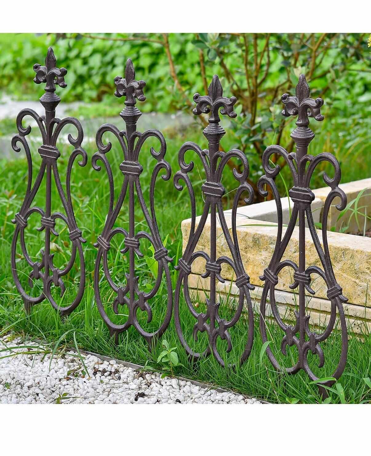Decorative Cast Iron Flower Bed Fence, 28" Tall Vintage Garden Edging Border, 4 Pack Heavy Duty Landscape Picket Fence Panels