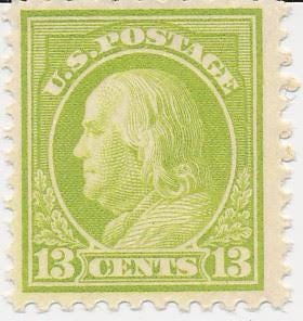 US Stamp #513  13 Cent Apple Green  Ben Franklin 1917