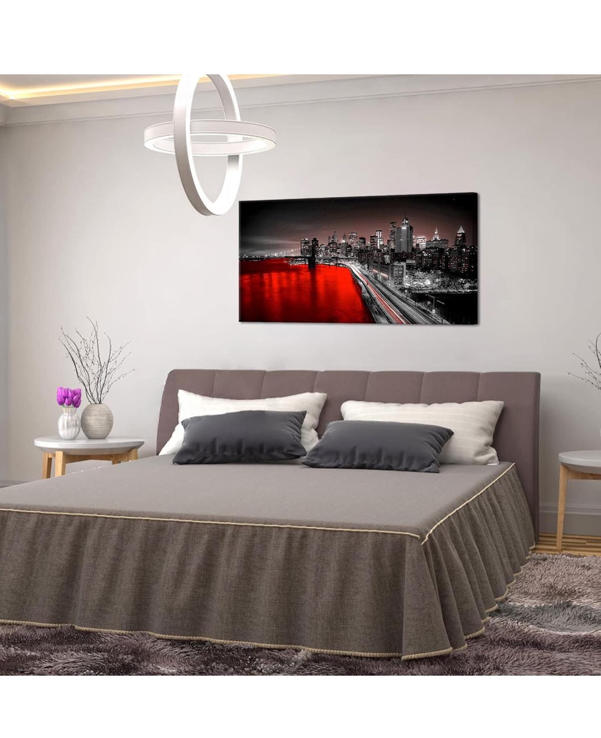 SLarge New York City Wall Art Brooklyn Bridge Night View Picture Canvas Print Black and Red City Poster Painting Modern Home 24”x48”