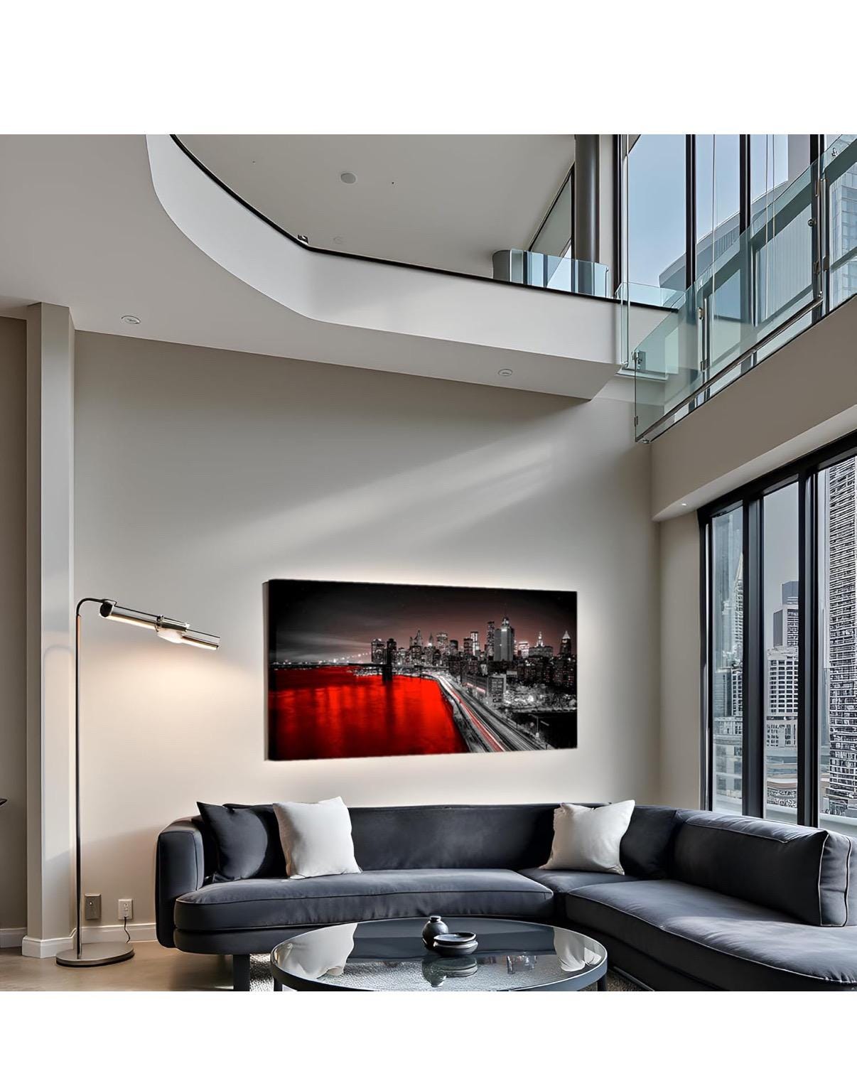 SLarge New York City Wall Art Brooklyn Bridge Night View Picture Canvas Print Black and Red City Poster Painting Modern Home 24”x48”
