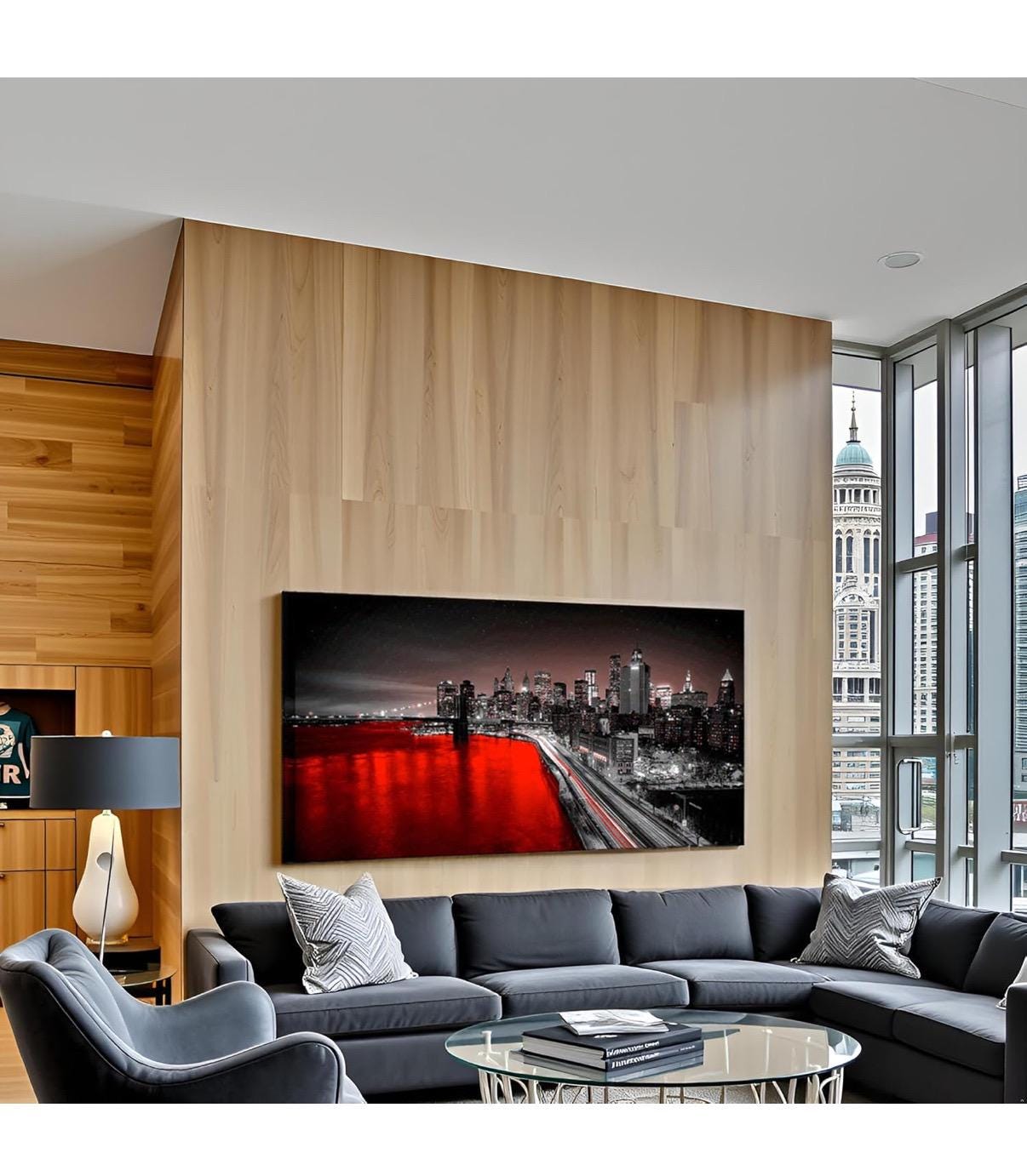 SLarge New York City Wall Art Brooklyn Bridge Night View Picture Canvas Print Black and Red City Poster Painting Modern Home 24”x48”