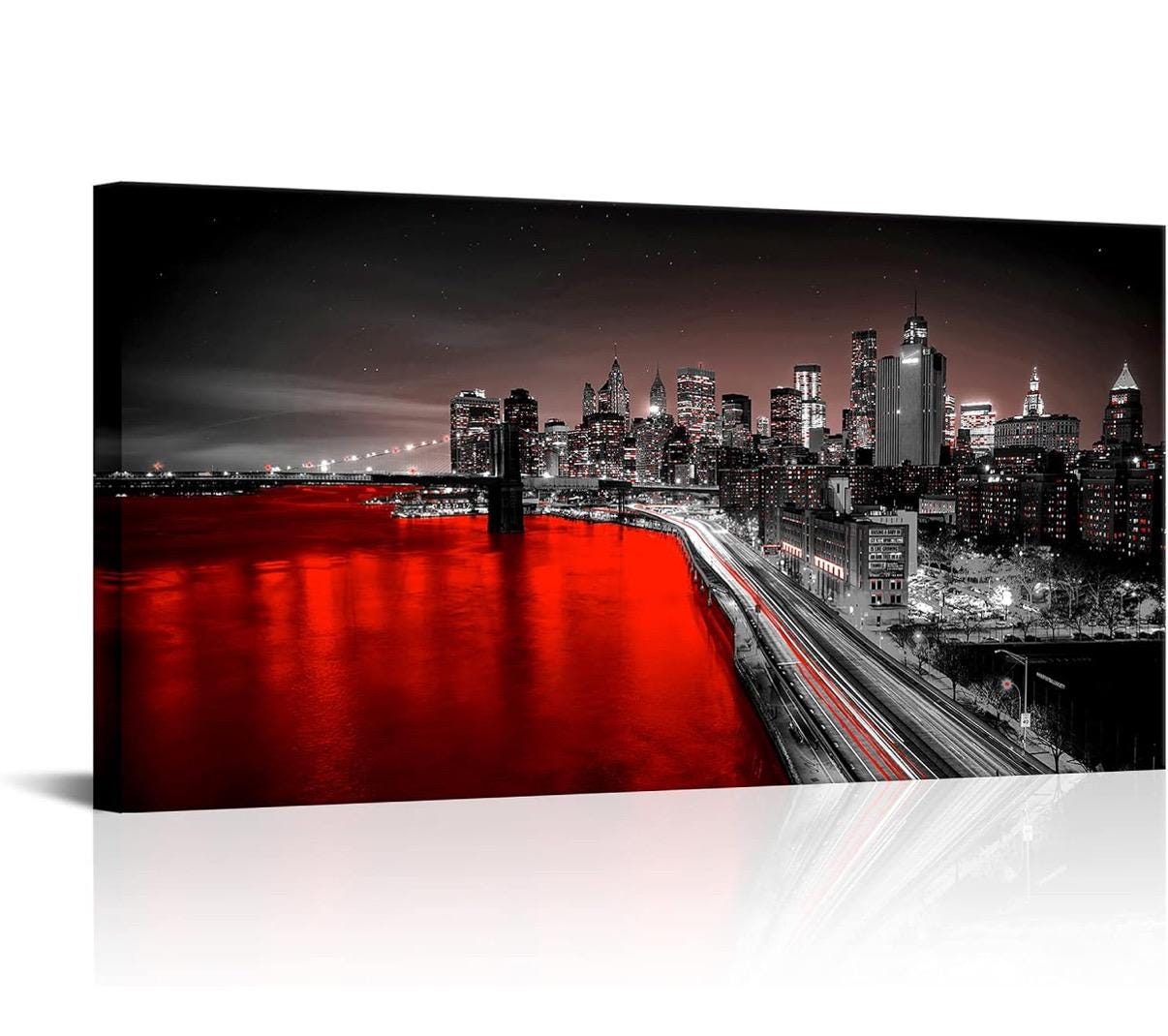 SLarge New York City Wall Art Brooklyn Bridge Night View Picture Canvas Print Black and Red City Poster Painting Modern Home 24”x48”