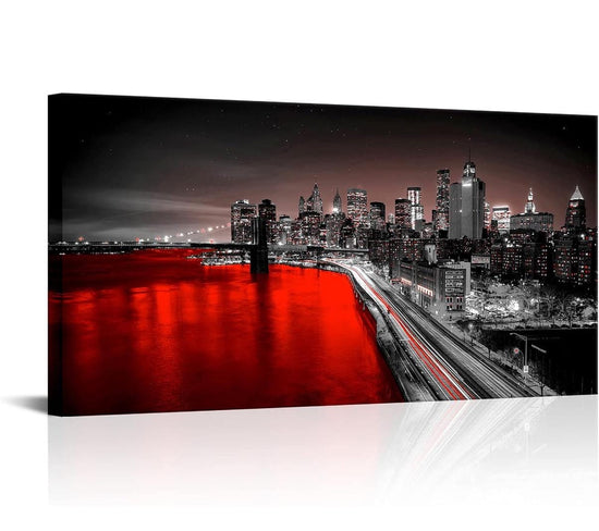 SLarge New York City Wall Art Brooklyn Bridge Night View Picture Canvas Print Black and Red City Poster Painting Modern Home 24”x48”